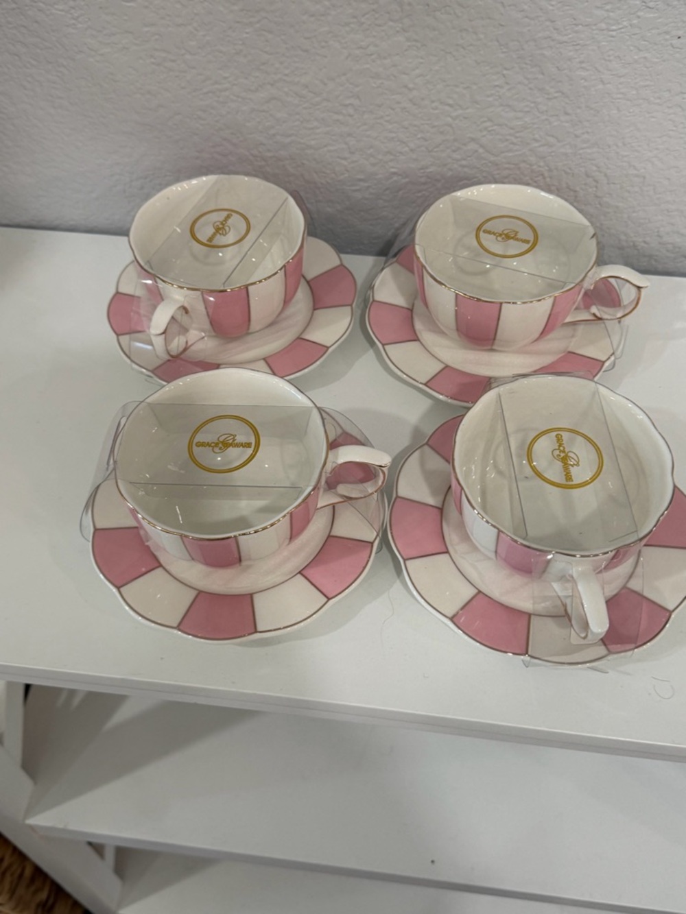 Elegant Pink & White Striped Porcelain Teacup and Saucer Set - 4pcs